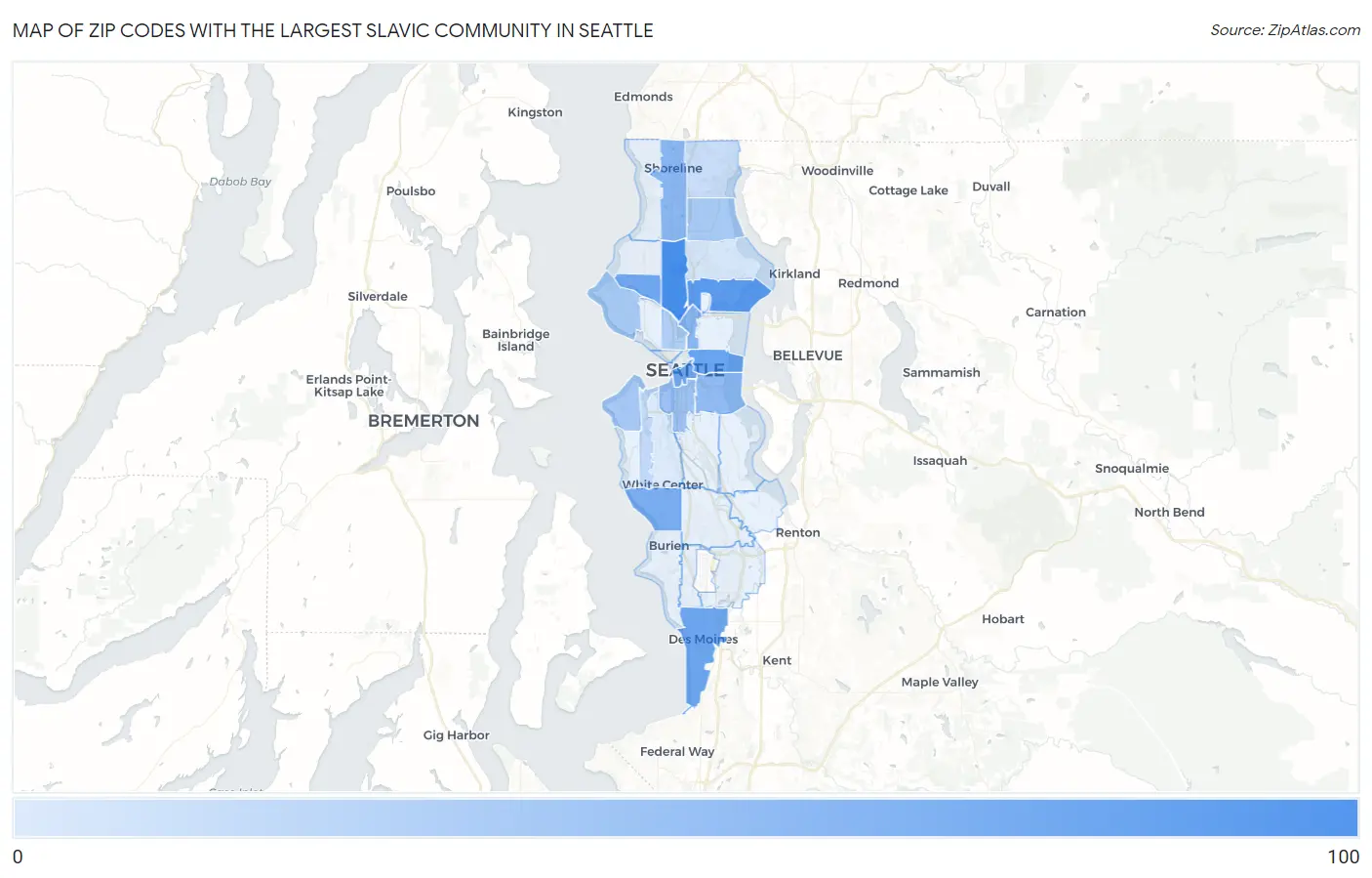 Zip Codes with the Largest Slavic Community in Seattle Map