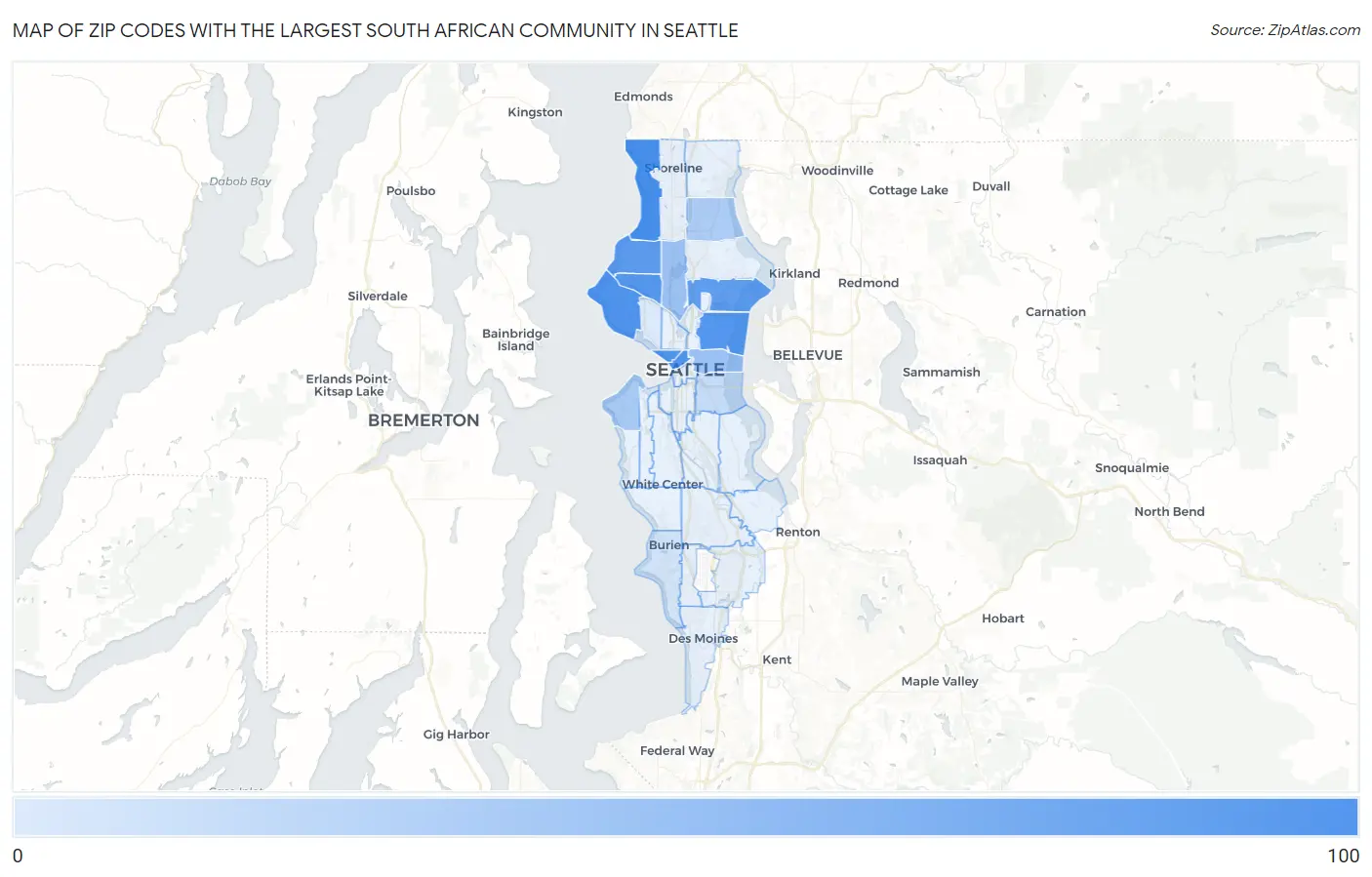 Zip Codes with the Largest South African Community in Seattle Map