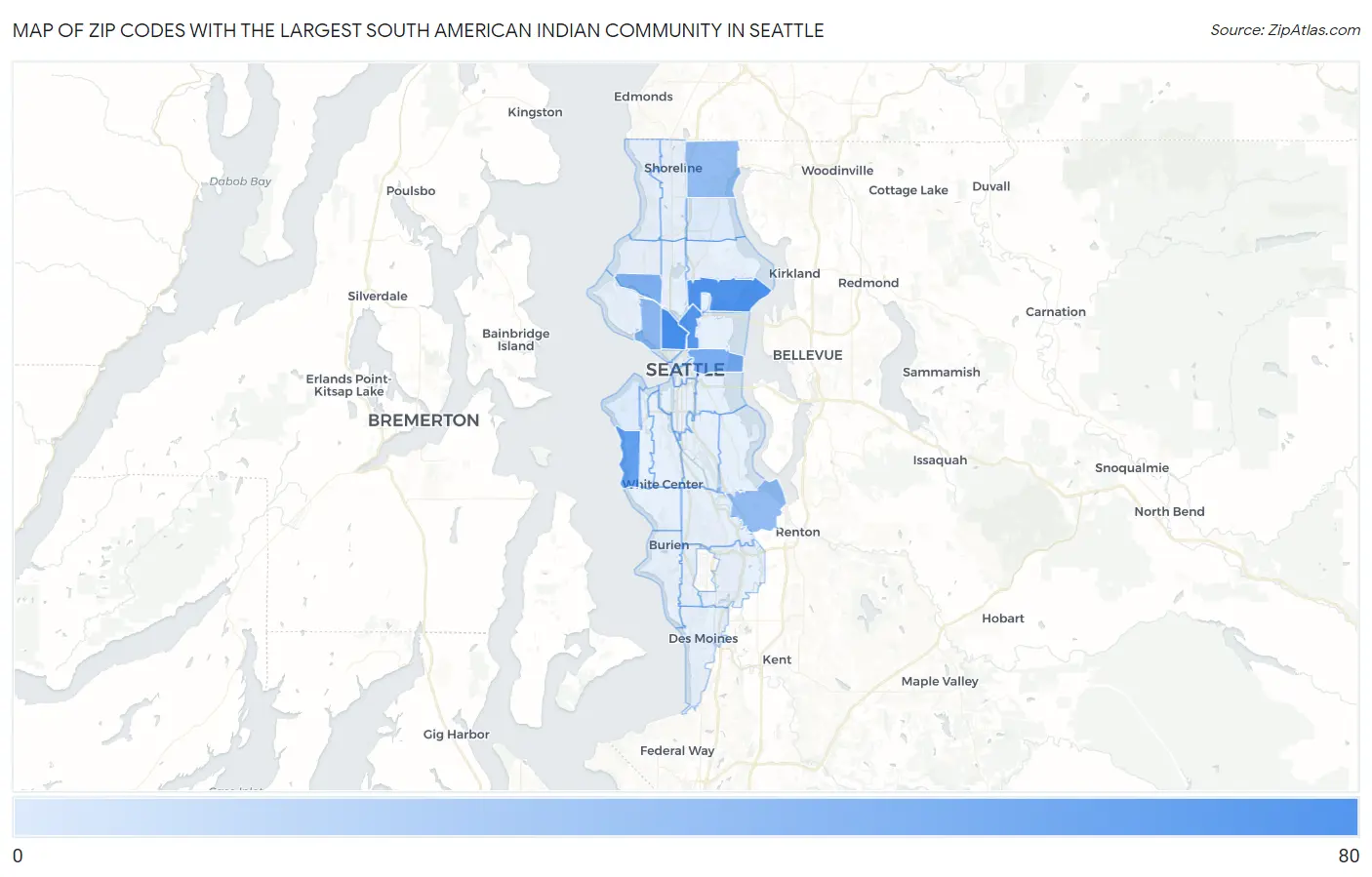 Zip Codes with the Largest South American Indian Community in Seattle Map
