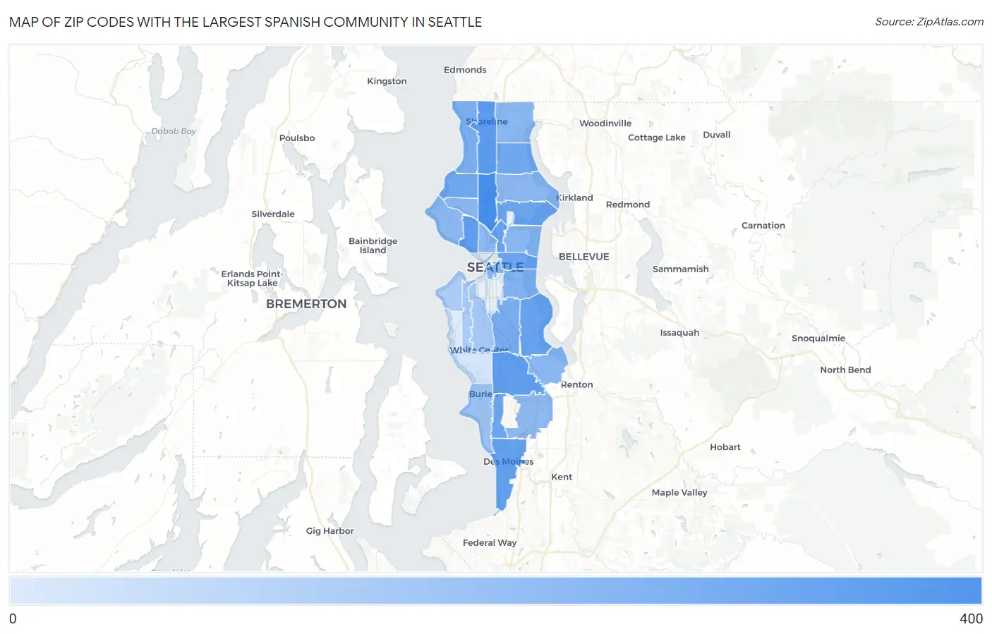 Zip Codes with the Largest Spanish Community in Seattle Map