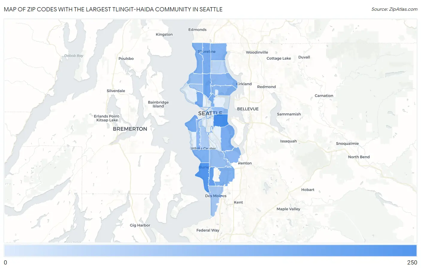 Zip Codes with the Largest Tlingit-Haida Community in Seattle Map