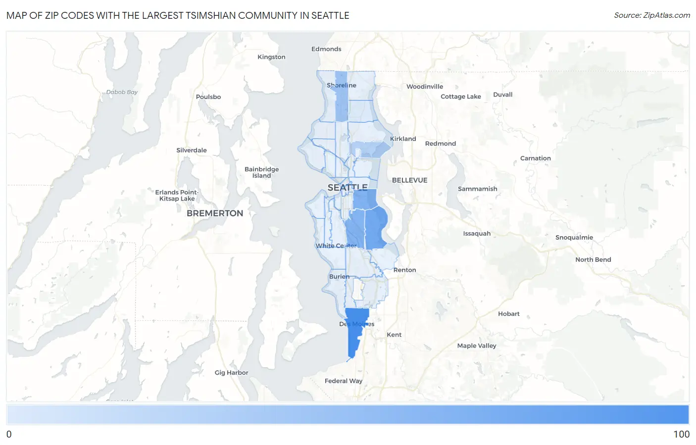 Zip Codes with the Largest Tsimshian Community in Seattle Map