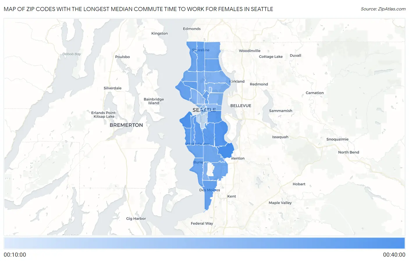 Zip Codes with the Longest Median Commute Time to Work for Females in Seattle Map