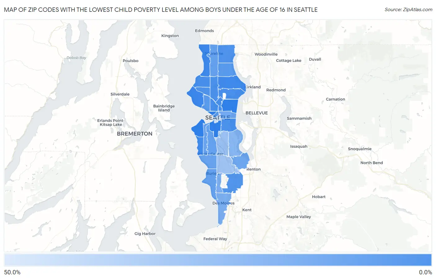 Zip Codes with the Lowest Child Poverty Level Among Boys Under the Age of 16 in Seattle Map