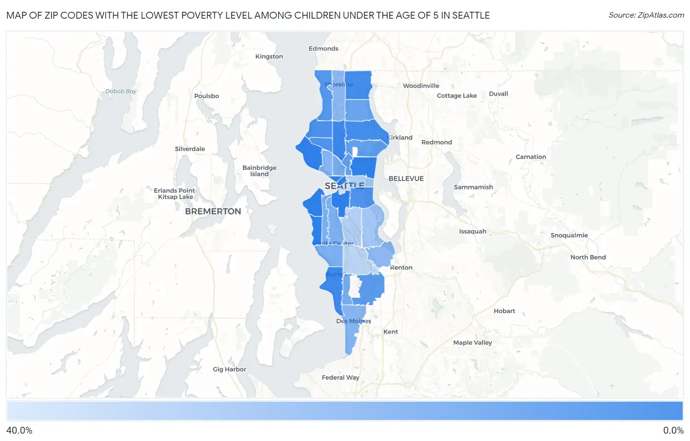Zip Codes with the Lowest Poverty Level Among Children Under the Age of 5 in Seattle Map