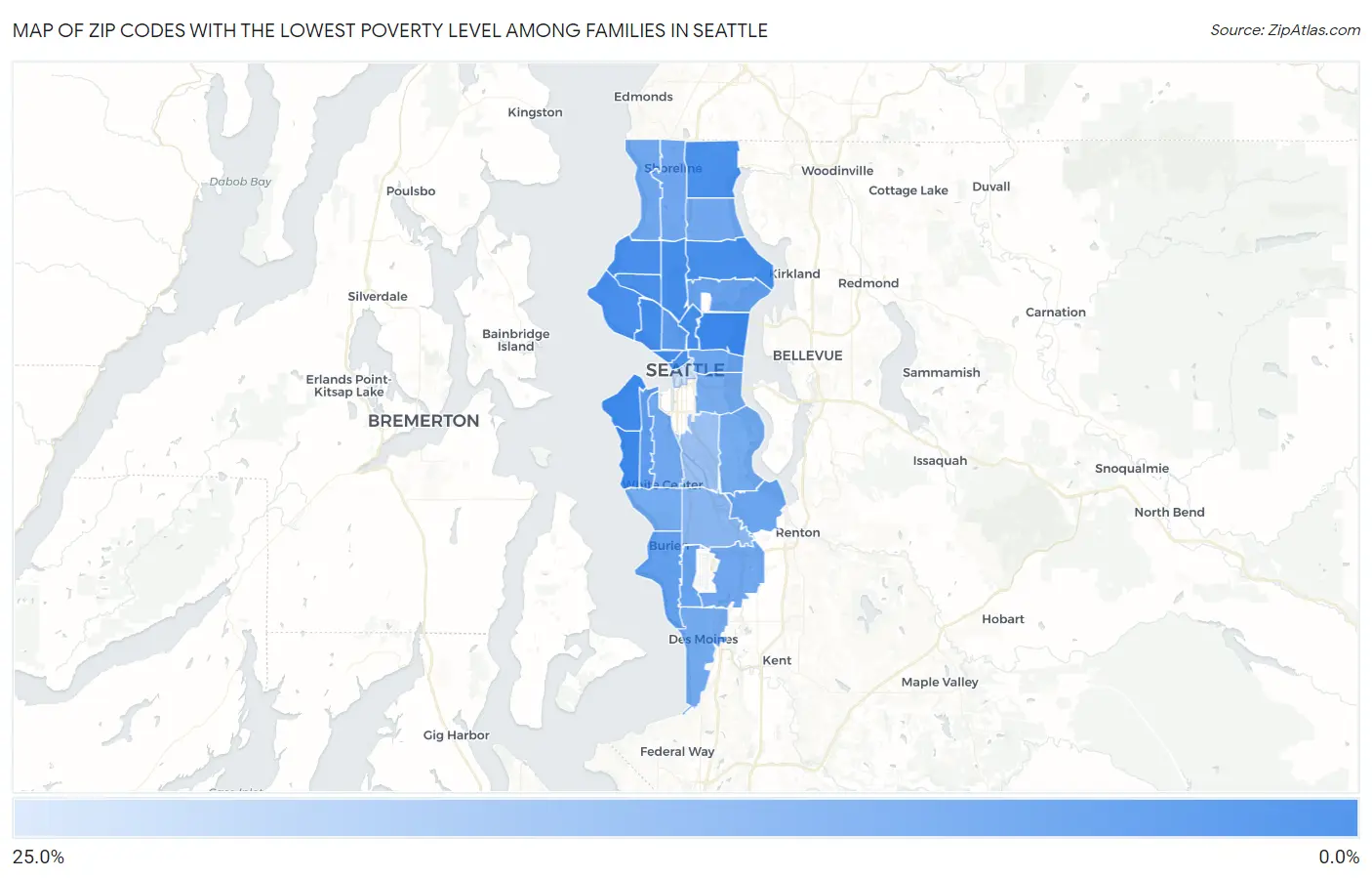 Zip Codes with the Lowest Poverty Level Among Families in Seattle Map