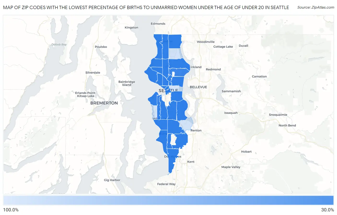 Zip Codes with the Lowest Percentage of Births to Unmarried Women under the Age of under 20 in Seattle Map