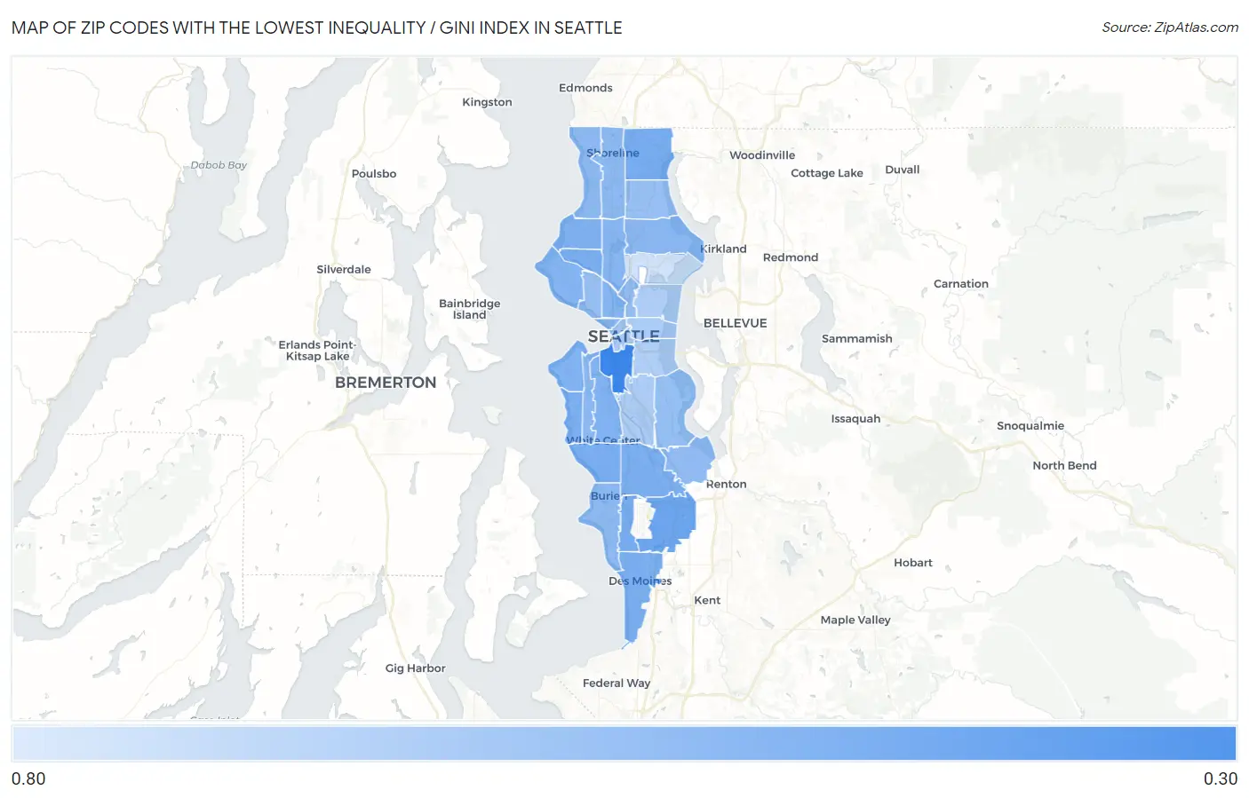 Zip Codes with the Lowest Inequality / Gini Index in Seattle Map