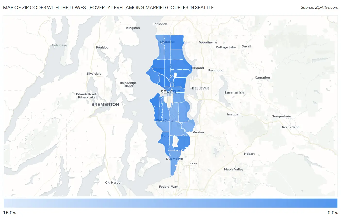 Zip Codes with the Lowest Poverty Level Among Married Couples in Seattle Map