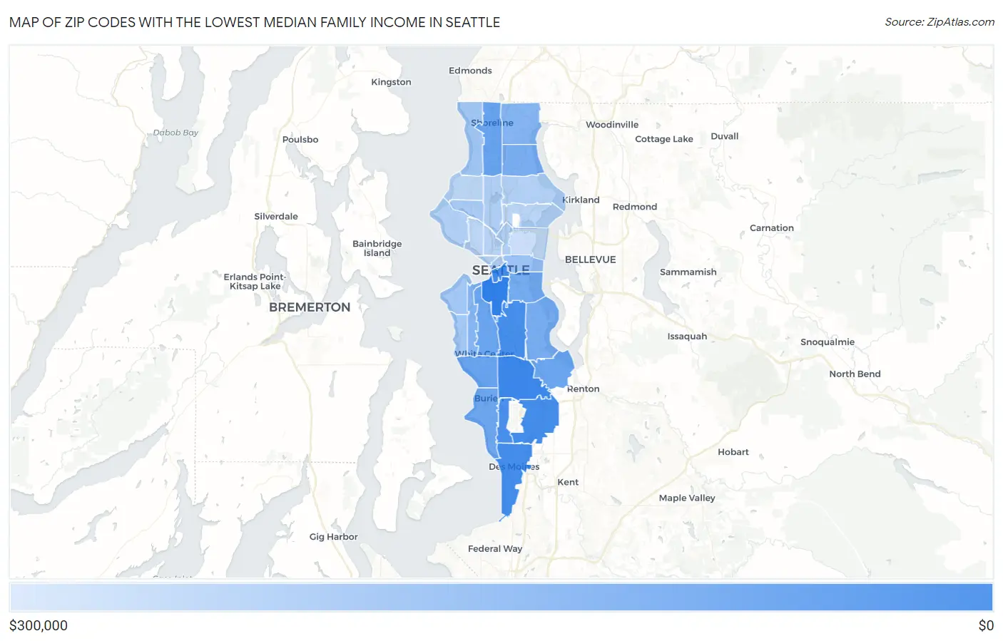 Zip Codes with the Lowest Median Family Income in Seattle Map