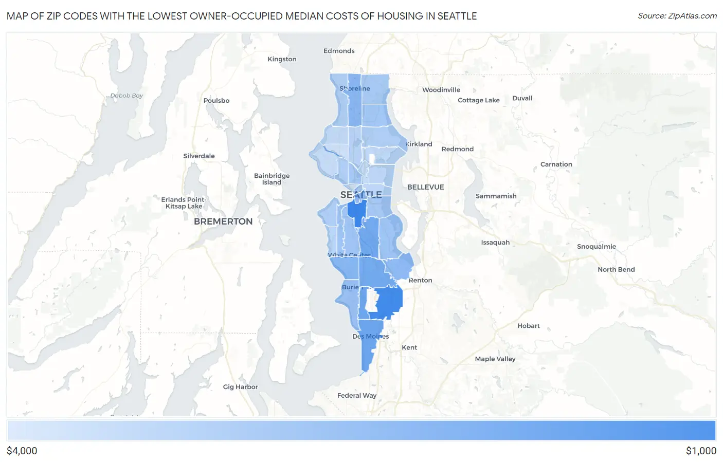 Zip Codes with the Lowest Owner-Occupied Median Costs of Housing in Seattle Map