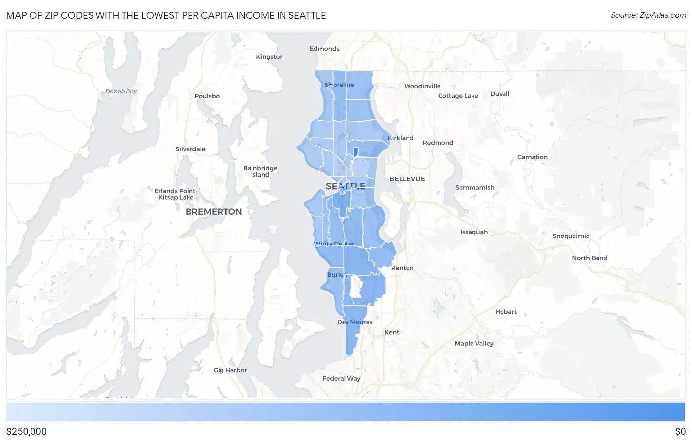 Zip Codes with the Lowest Per Capita Income in Seattle Map