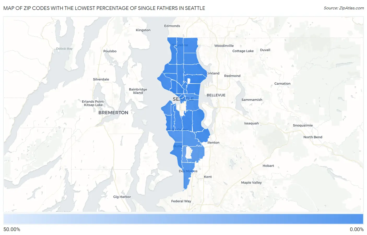 Zip Codes with the Lowest Percentage of Single Fathers in Seattle Map