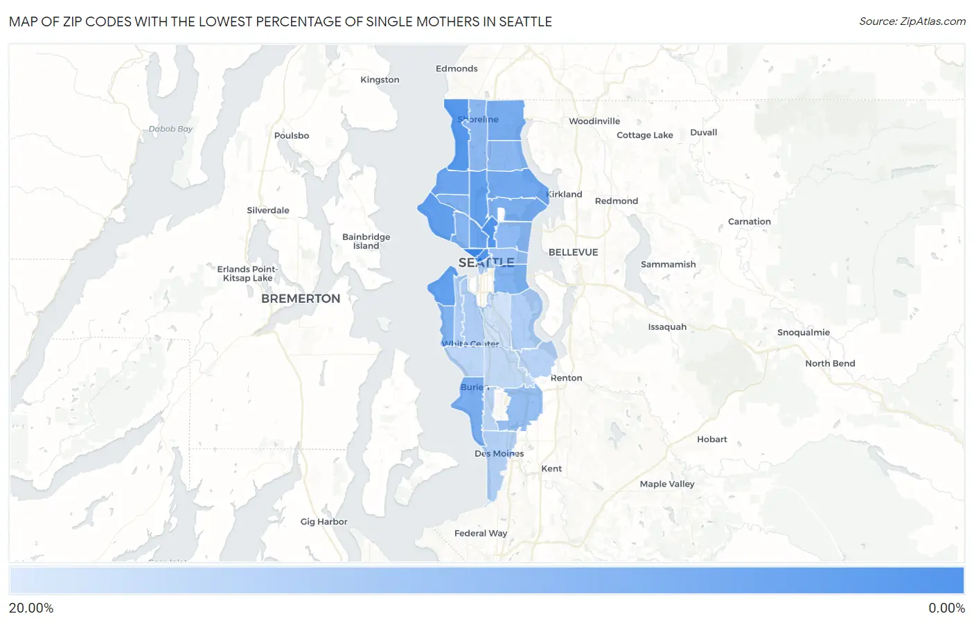 Zip Codes with the Lowest Percentage of Single Mothers in Seattle Map