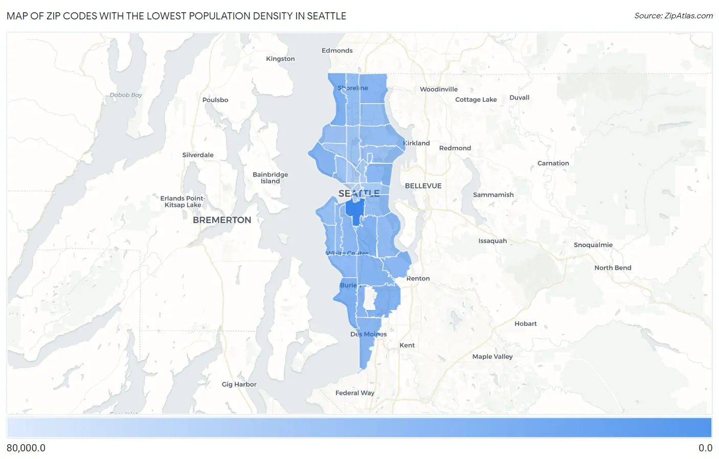 Zip Codes with the Lowest Population Density in Seattle Map
