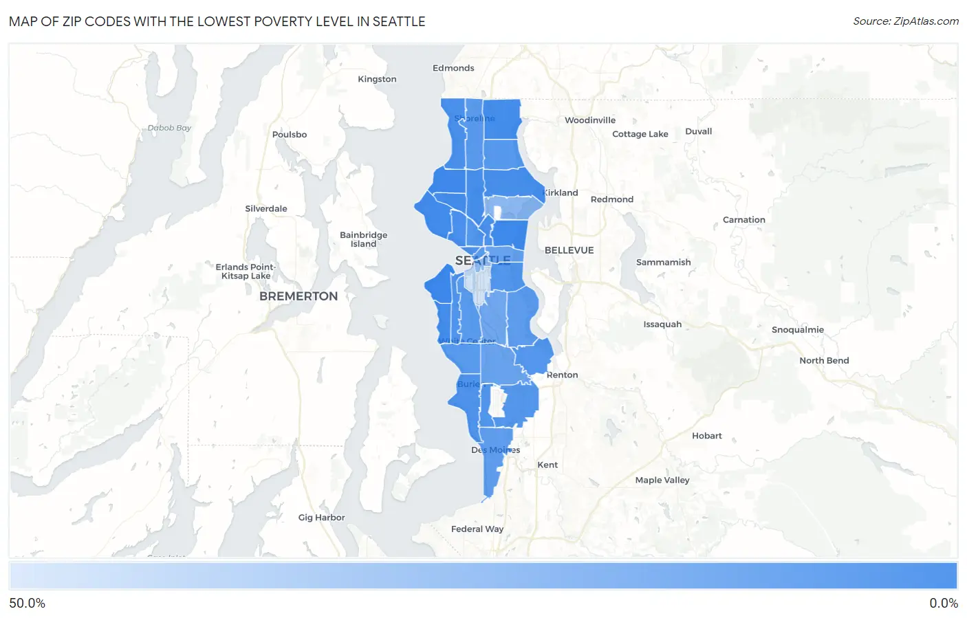 Zip Codes with the Lowest Poverty Level in Seattle Map