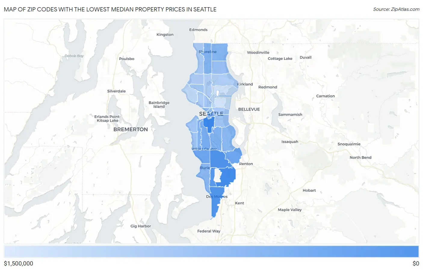 Zip Codes with the Lowest Median Property Prices in Seattle Map