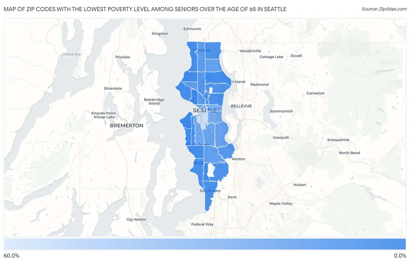 Zip Codes with the Lowest Poverty Level Among Seniors Over the Age of 65 in Seattle Map