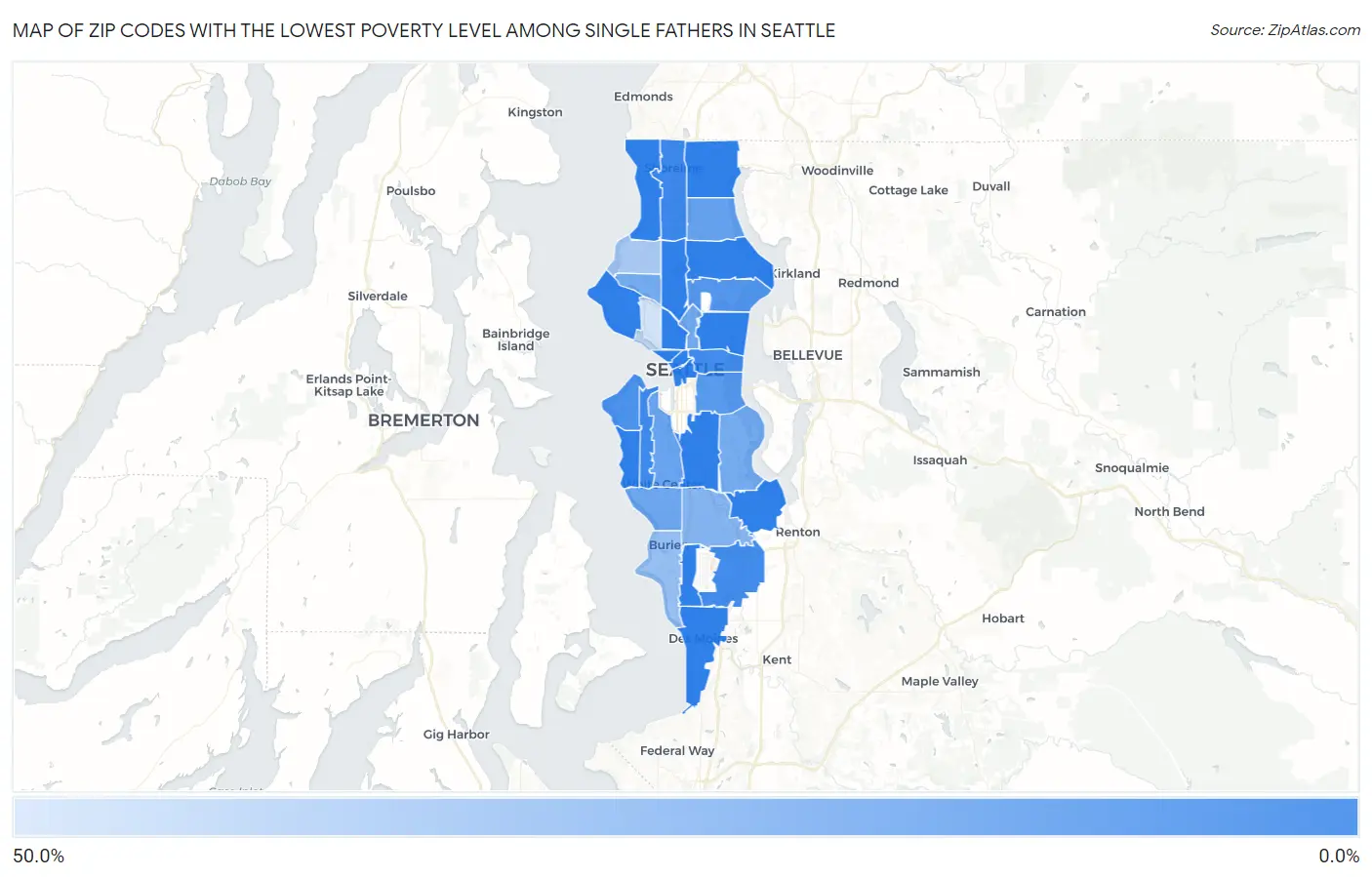 Zip Codes with the Lowest Poverty Level Among Single Fathers in Seattle Map