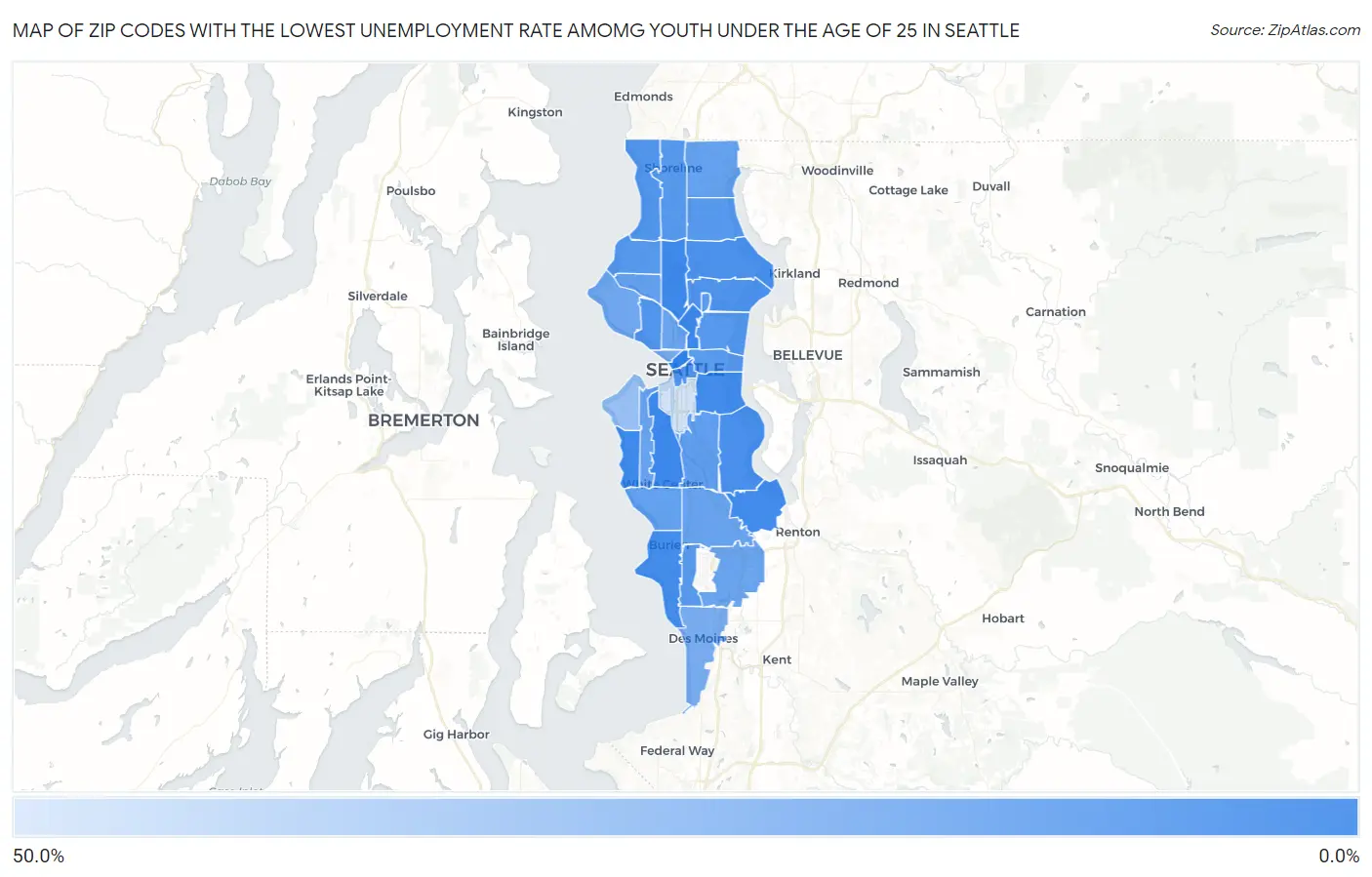 Zip Codes with the Lowest Unemployment Rate Amomg Youth Under the Age of 25 in Seattle Map