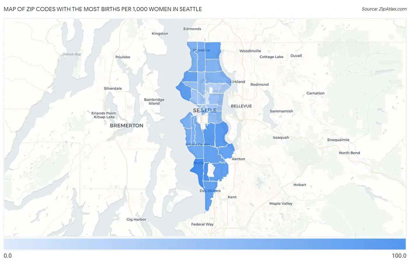 Zip Codes with the Most Births per 1,000 Women in Seattle Map