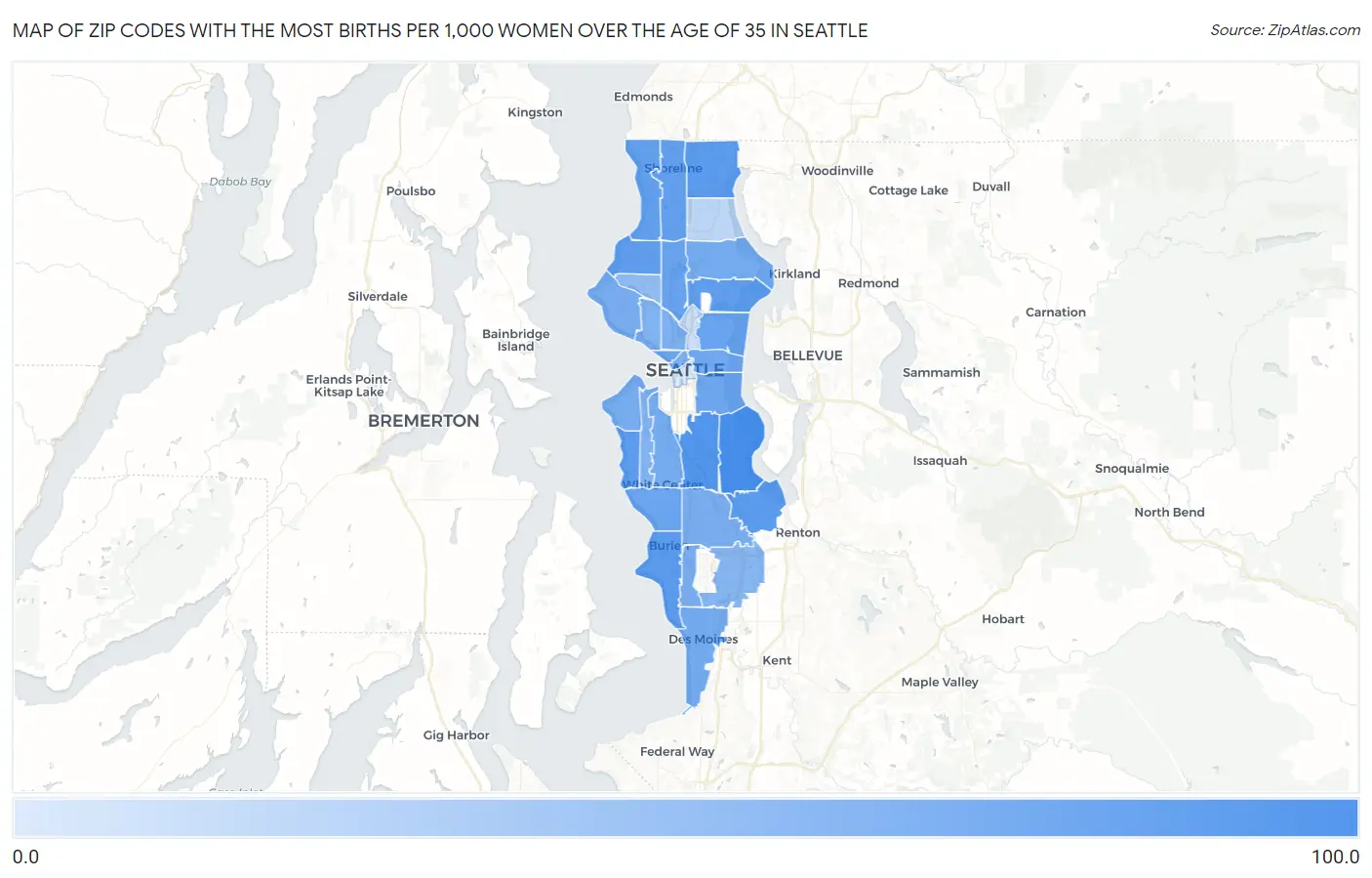 Zip Codes with the Most Births per 1,000 Women Over the Age of 35 in Seattle Map