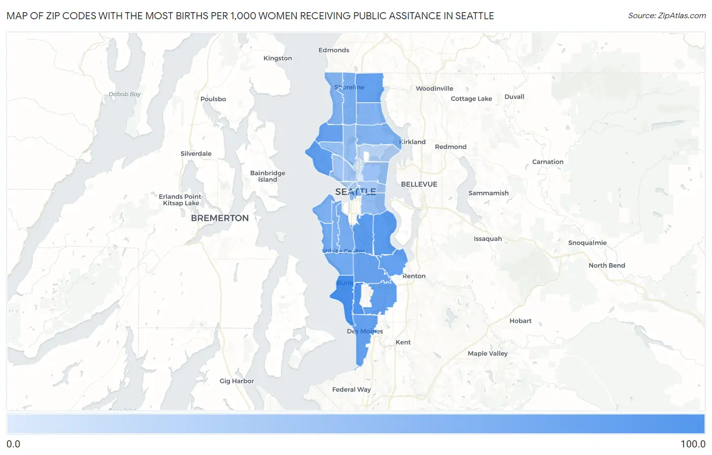 Zip Codes with the Most Births per 1,000 Women Receiving Public Assitance in Seattle Map