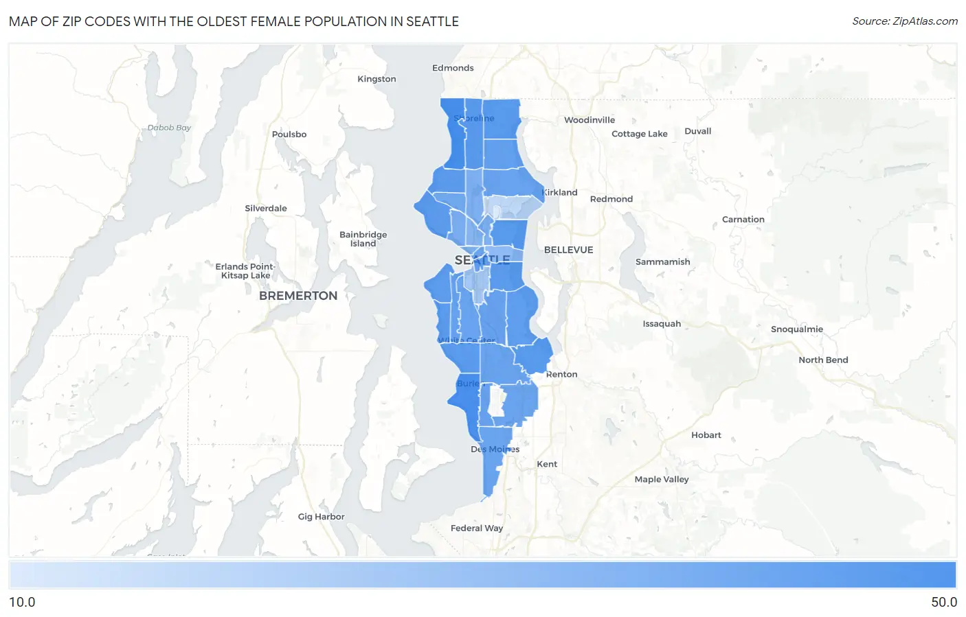 Zip Codes with the Oldest Female Population in Seattle Map