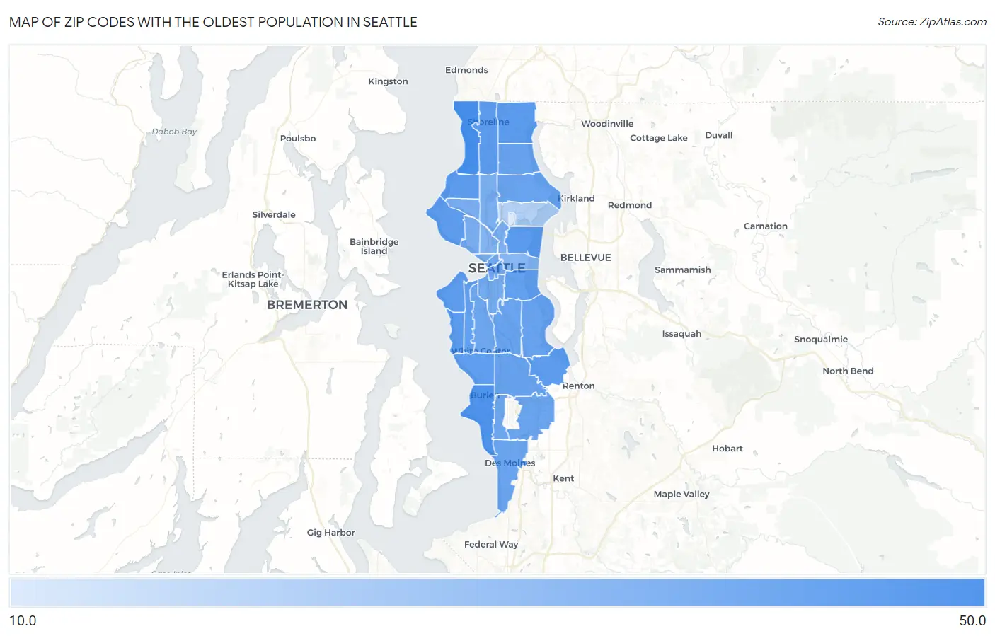Zip Codes with the Oldest Population in Seattle Map