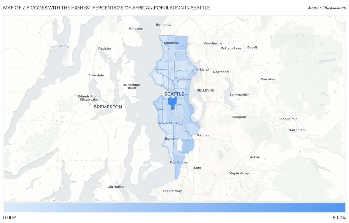 Zip Codes with the Highest Percentage of African Population in Seattle Map