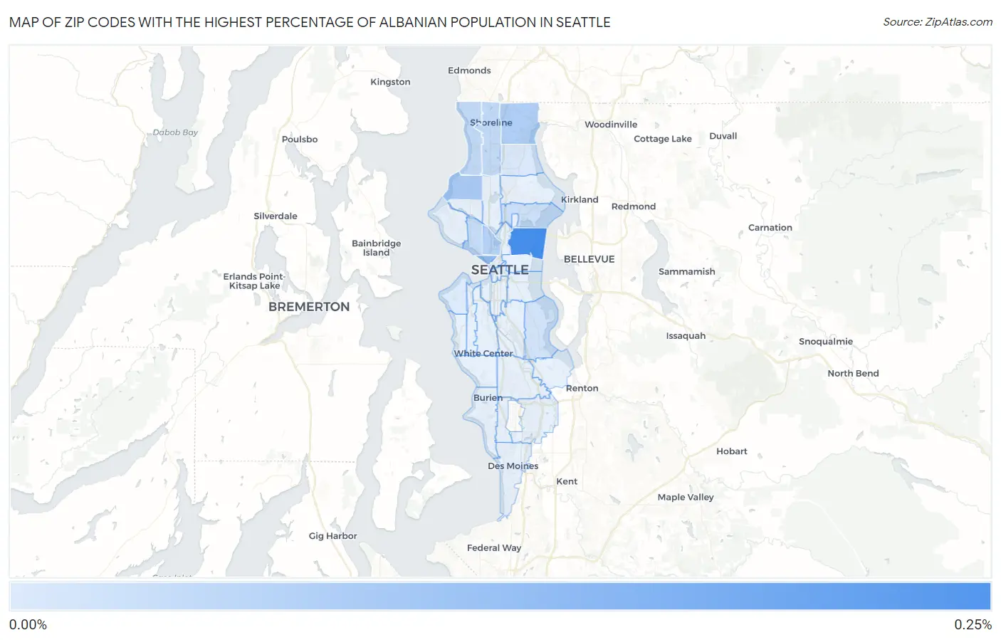 Zip Codes with the Highest Percentage of Albanian Population in Seattle Map