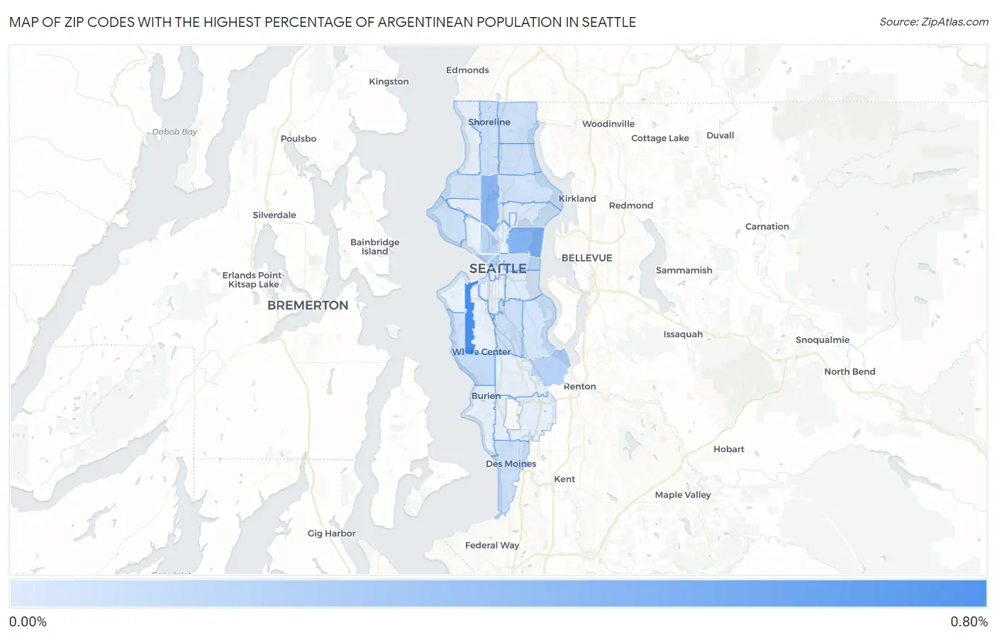 Zip Codes with the Highest Percentage of Argentinean Population in Seattle Map