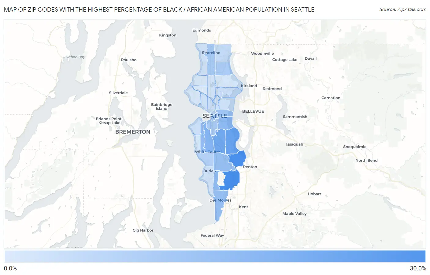 Zip Codes with the Highest Percentage of Black / African American Population in Seattle Map