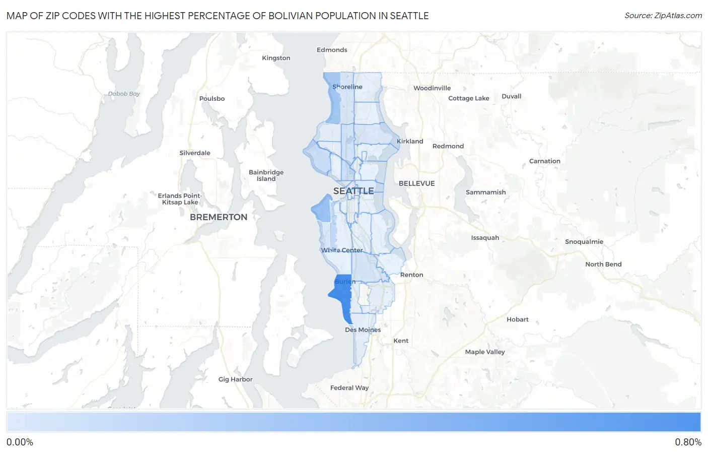 Zip Codes with the Highest Percentage of Bolivian Population in Seattle Map