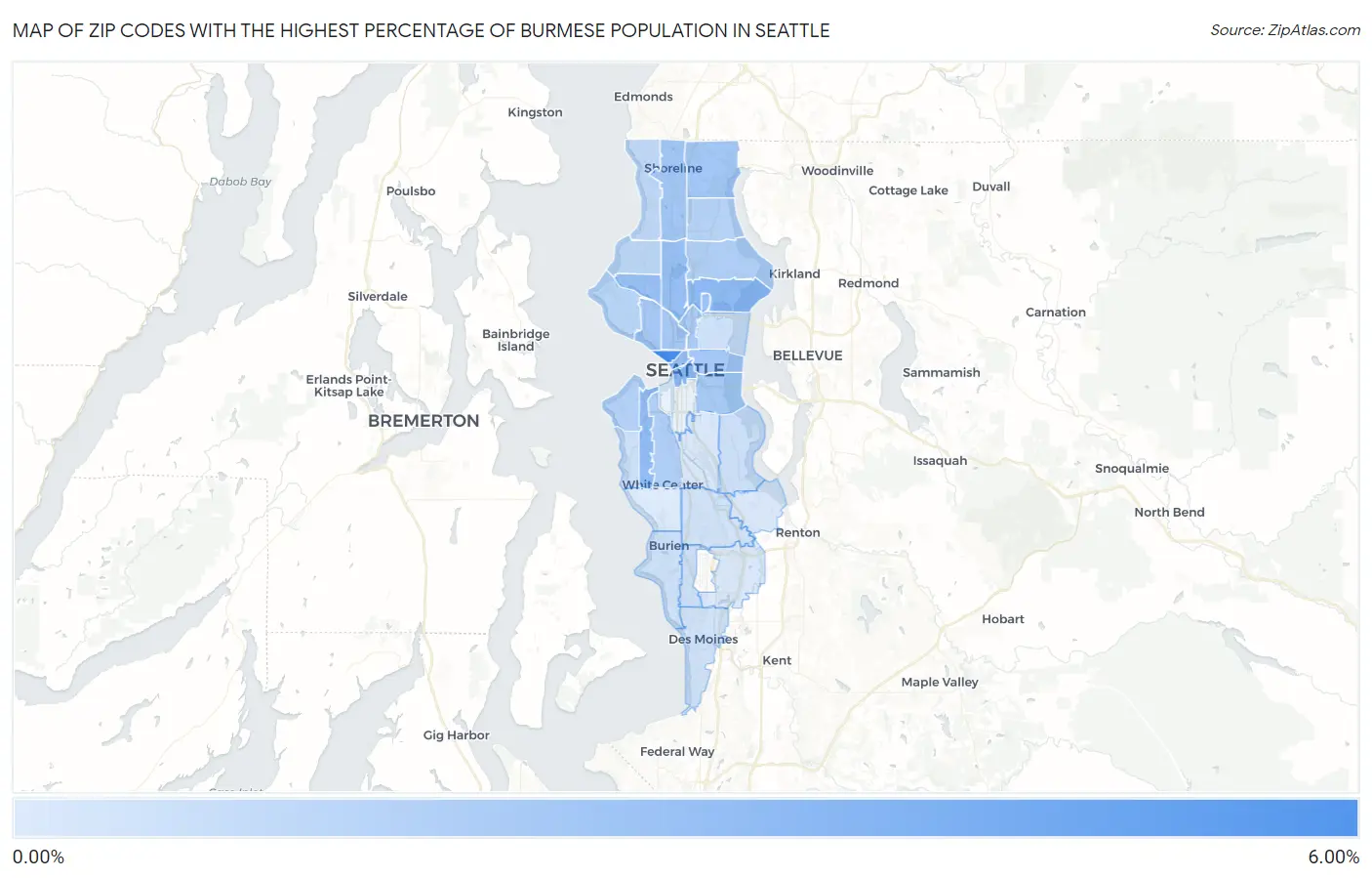 Zip Codes with the Highest Percentage of Burmese Population in Seattle Map