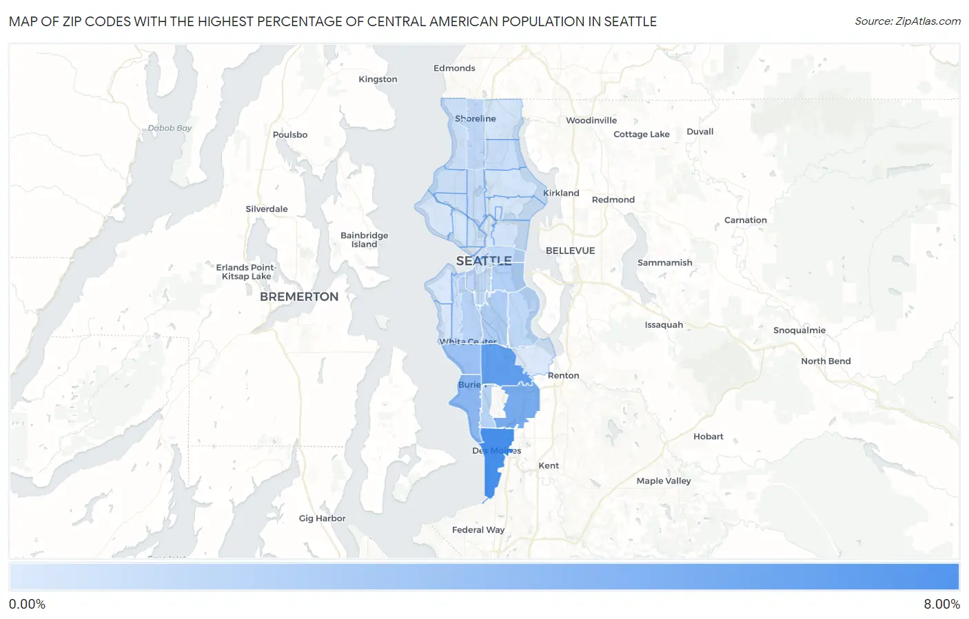 Zip Codes with the Highest Percentage of Central American Population in Seattle Map