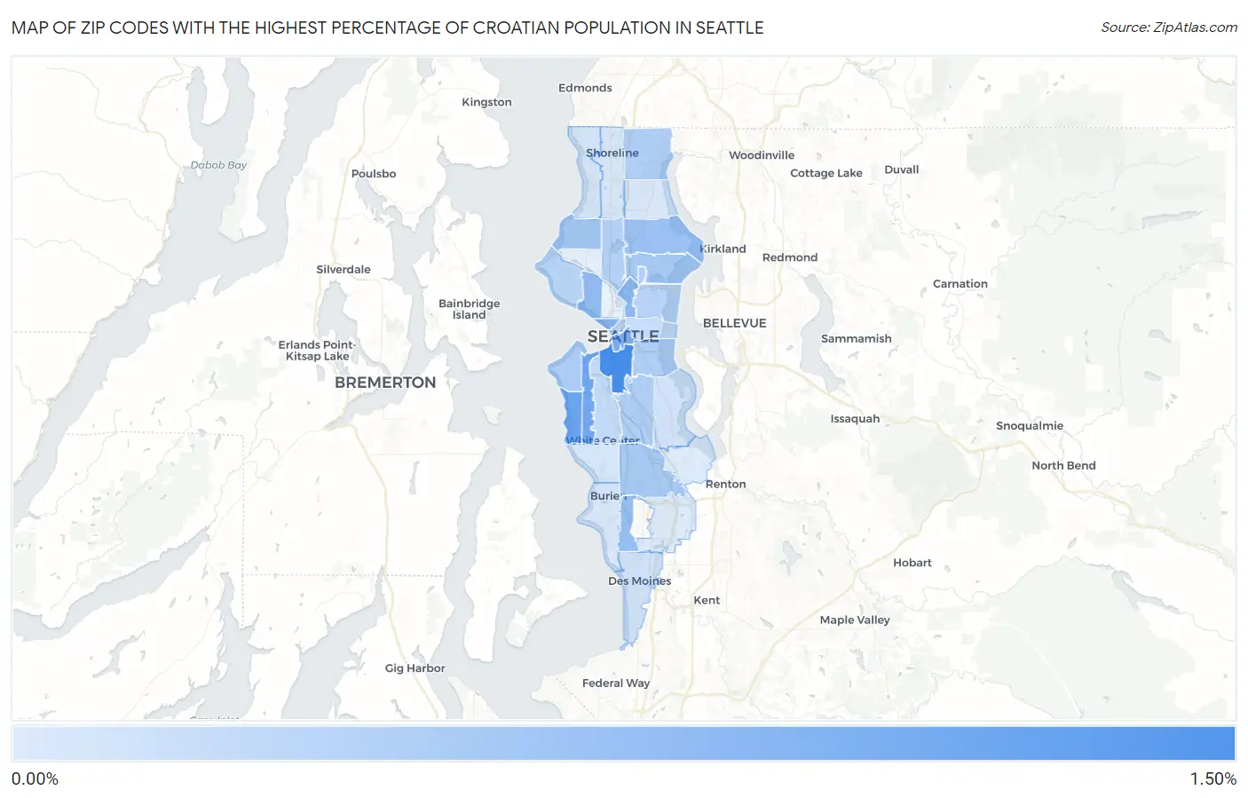 Zip Codes with the Highest Percentage of Croatian Population in Seattle Map