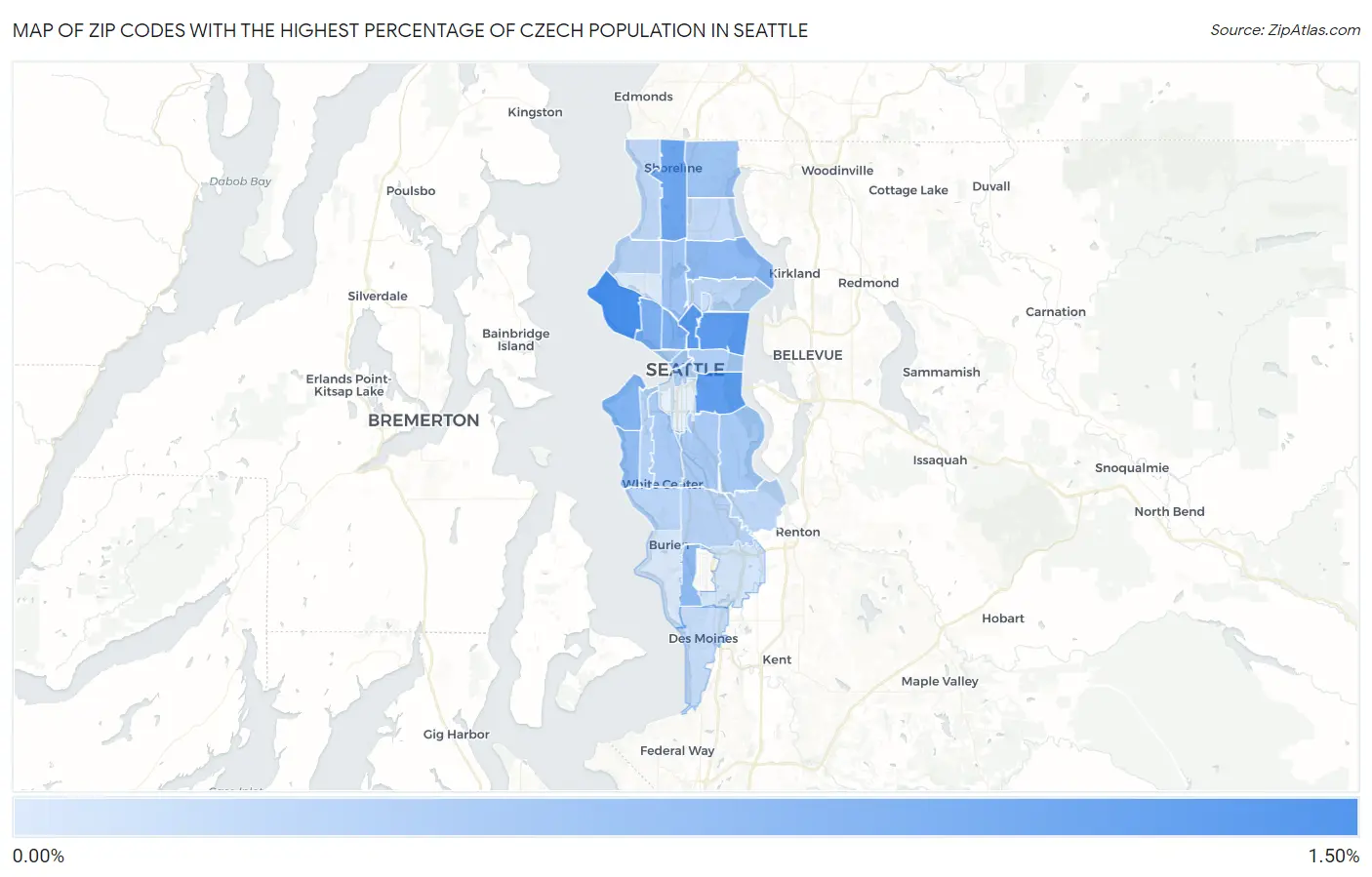 Zip Codes with the Highest Percentage of Czech Population in Seattle Map