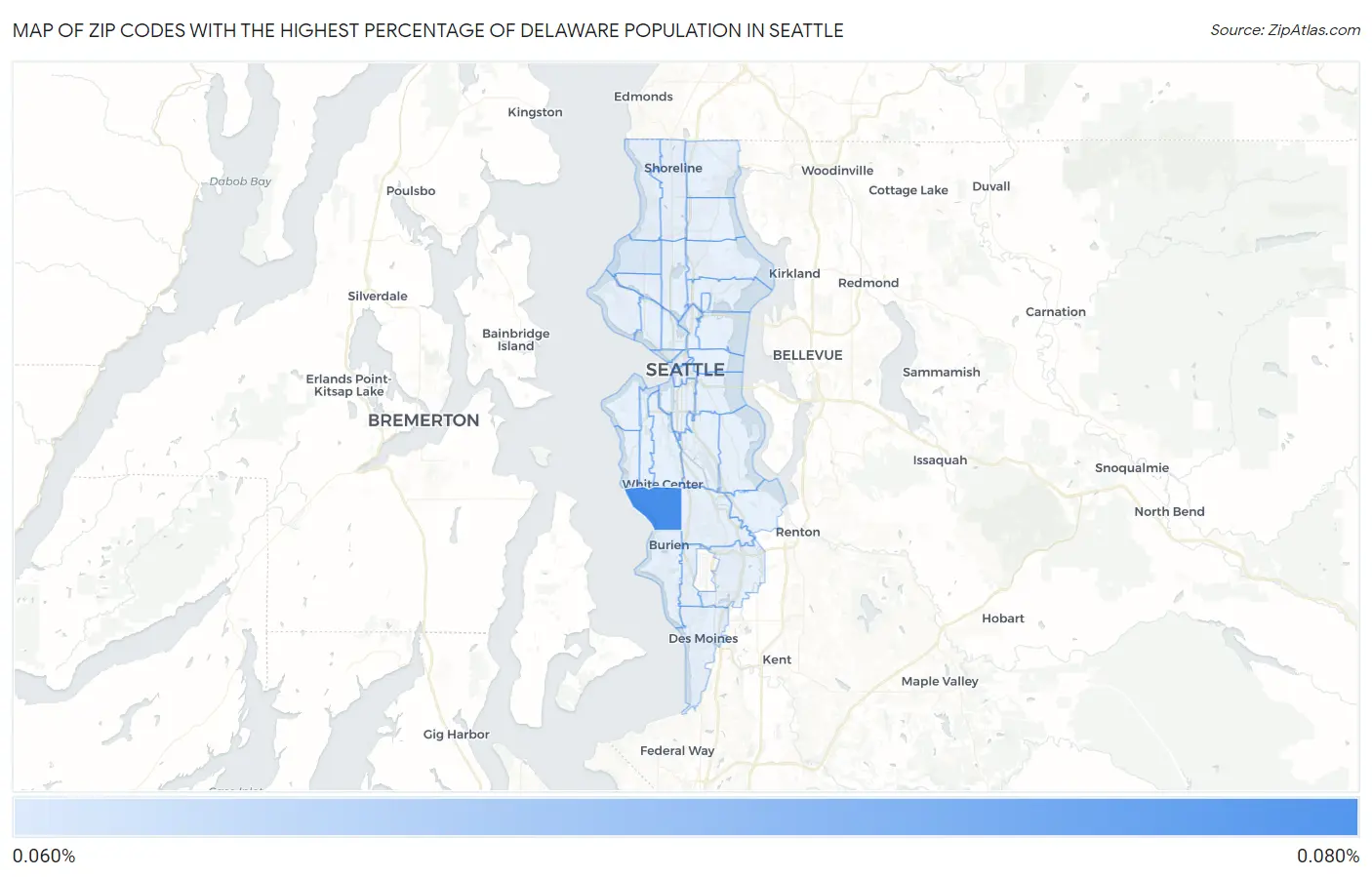 Zip Codes with the Highest Percentage of Delaware Population in Seattle Map