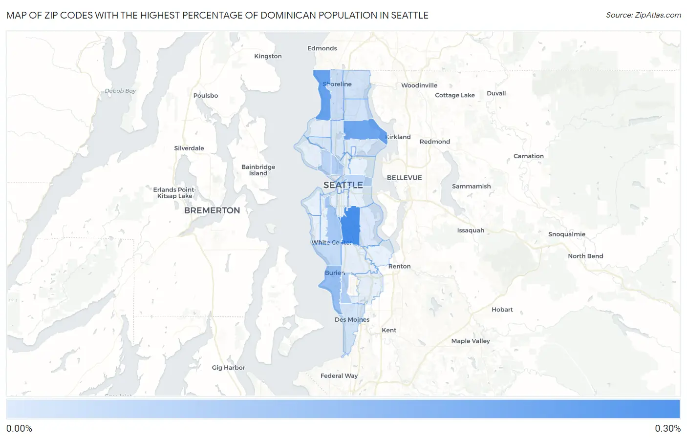 Zip Codes with the Highest Percentage of Dominican Population in Seattle Map
