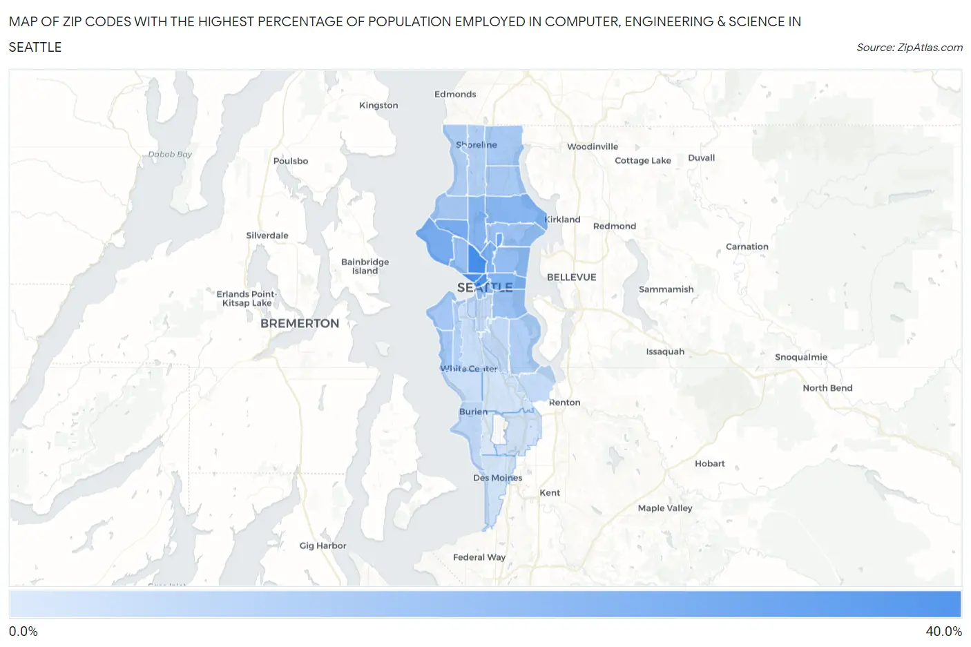 Zip Codes with the Highest Percentage of Population Employed in Computer, Engineering & Science in Seattle Map
