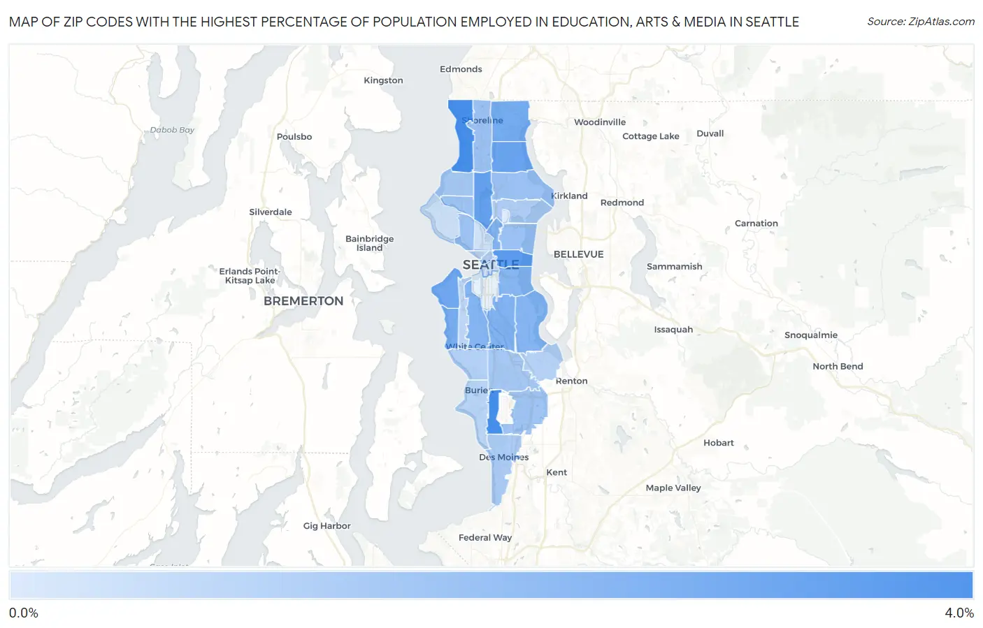Zip Codes with the Highest Percentage of Population Employed in Education, Arts & Media in Seattle Map