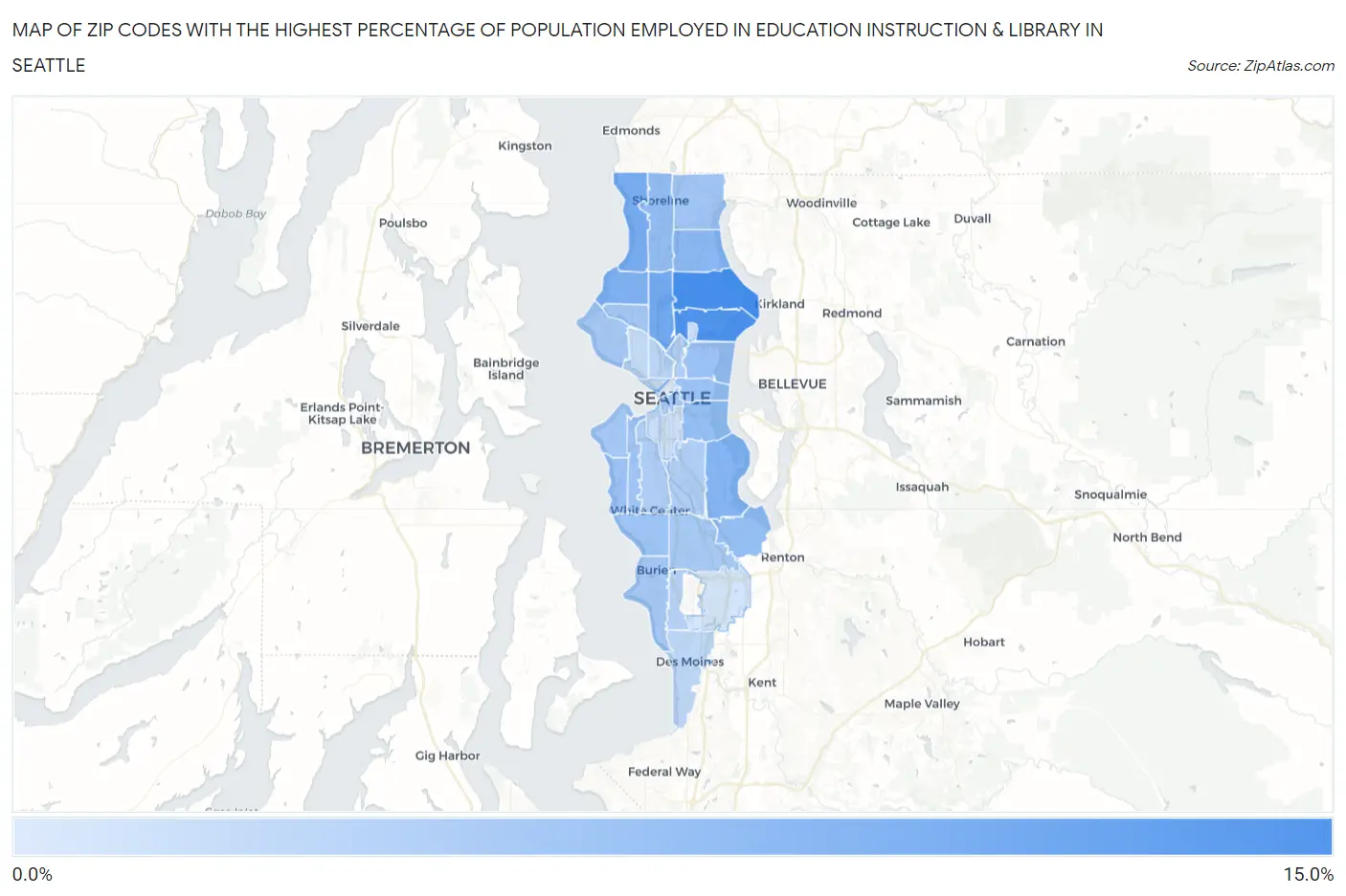 Zip Codes with the Highest Percentage of Population Employed in Education Instruction & Library in Seattle Map