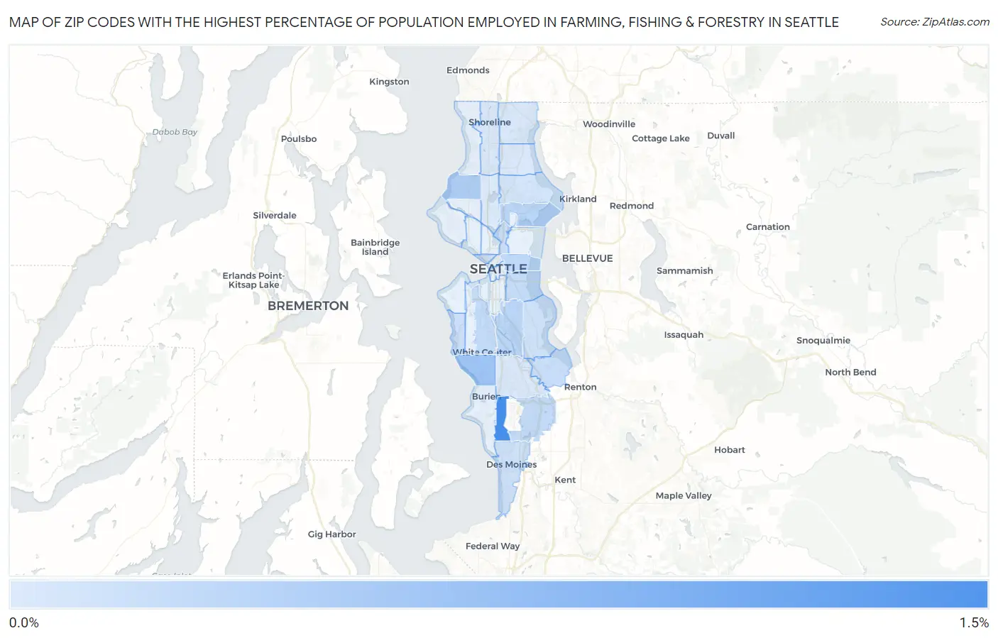 Zip Codes with the Highest Percentage of Population Employed in Farming, Fishing & Forestry in Seattle Map