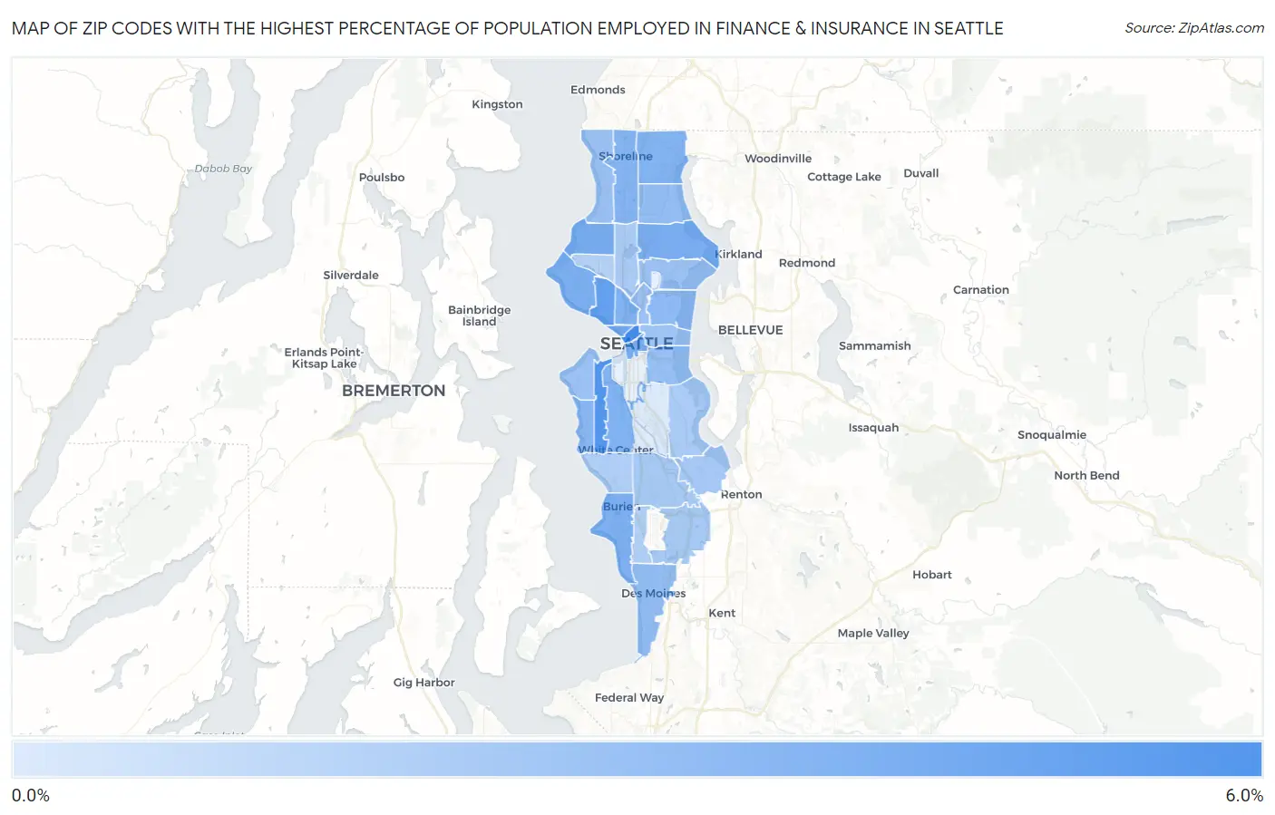 Zip Codes with the Highest Percentage of Population Employed in Finance & Insurance in Seattle Map