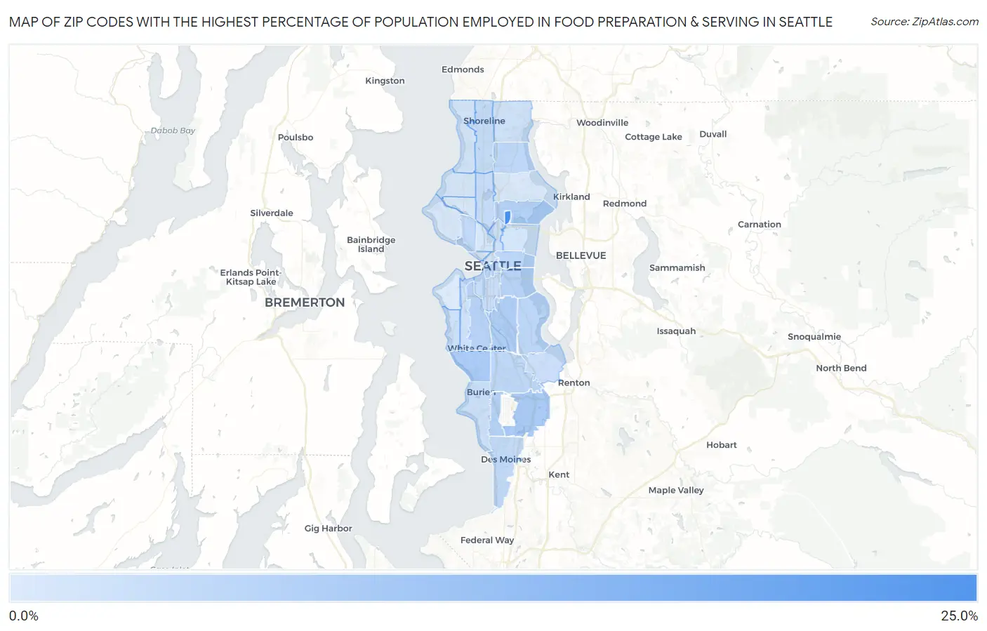 Zip Codes with the Highest Percentage of Population Employed in Food Preparation & Serving in Seattle Map