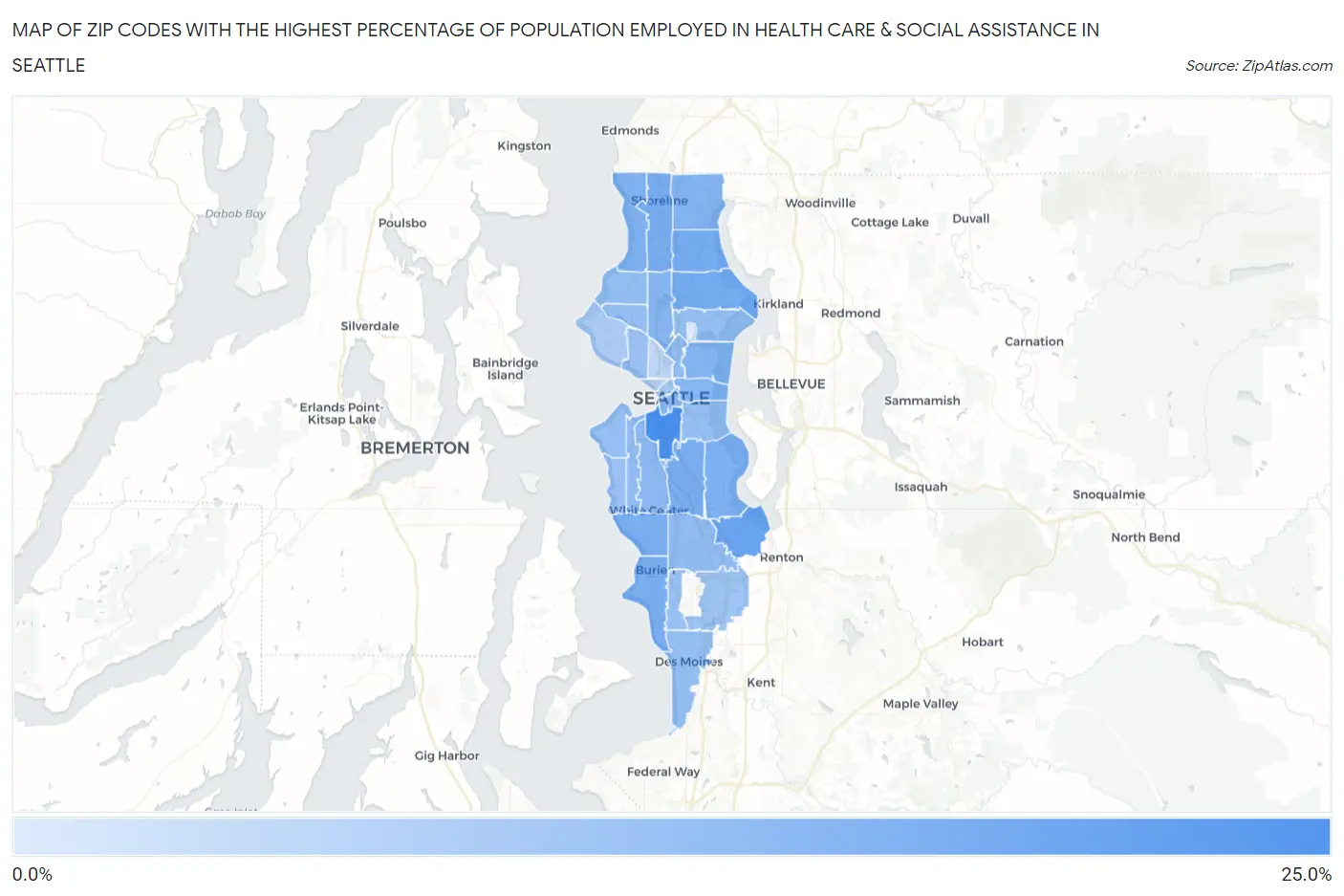 Zip Codes with the Highest Percentage of Population Employed in Health Care & Social Assistance in Seattle Map