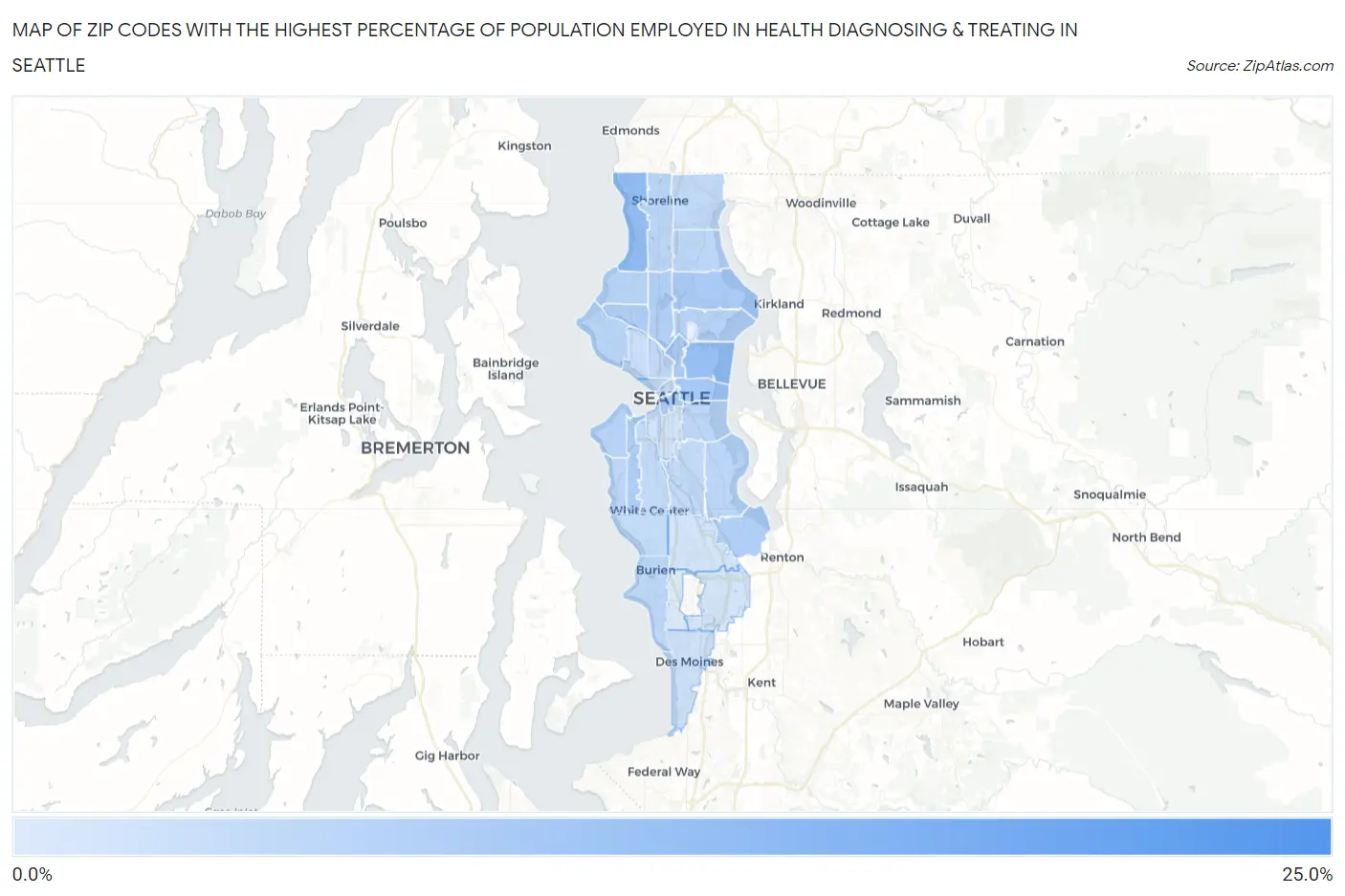 Zip Codes with the Highest Percentage of Population Employed in Health Diagnosing & Treating in Seattle Map