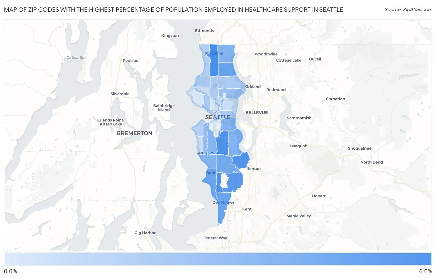 Zip Codes with the Highest Percentage of Population Employed in Healthcare Support in Seattle Map