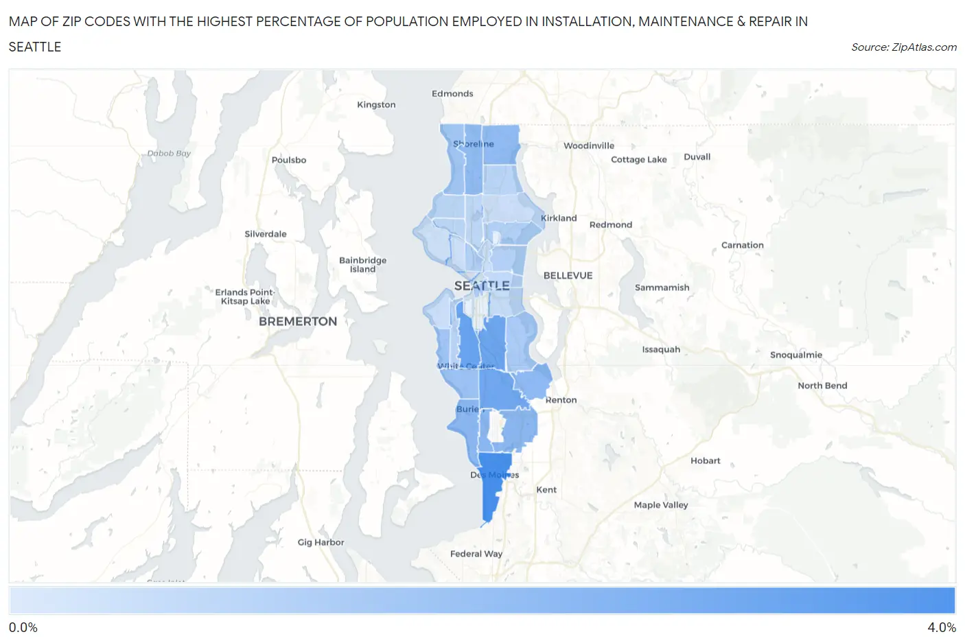 Zip Codes with the Highest Percentage of Population Employed in Installation, Maintenance & Repair in Seattle Map